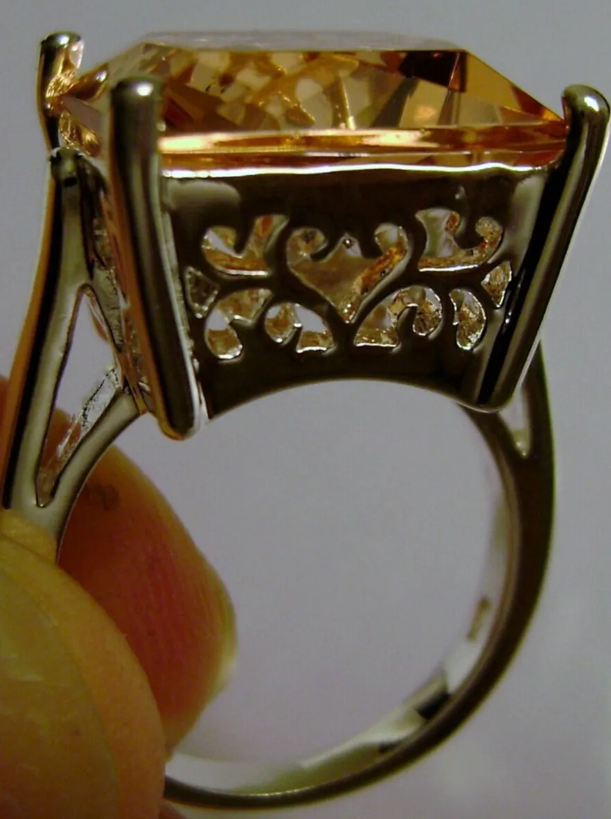 Peach Topaz Art Deco Ring, 12ct Big Square Gem, Vintage Jewelry Design#D45