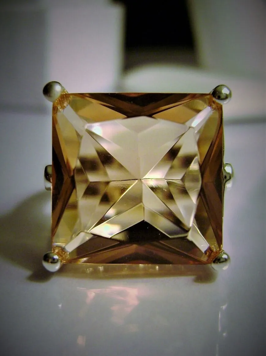 Peach Topaz Art Deco Ring, 12ct Big Square Gem, Vintage Jewelry Design#D45