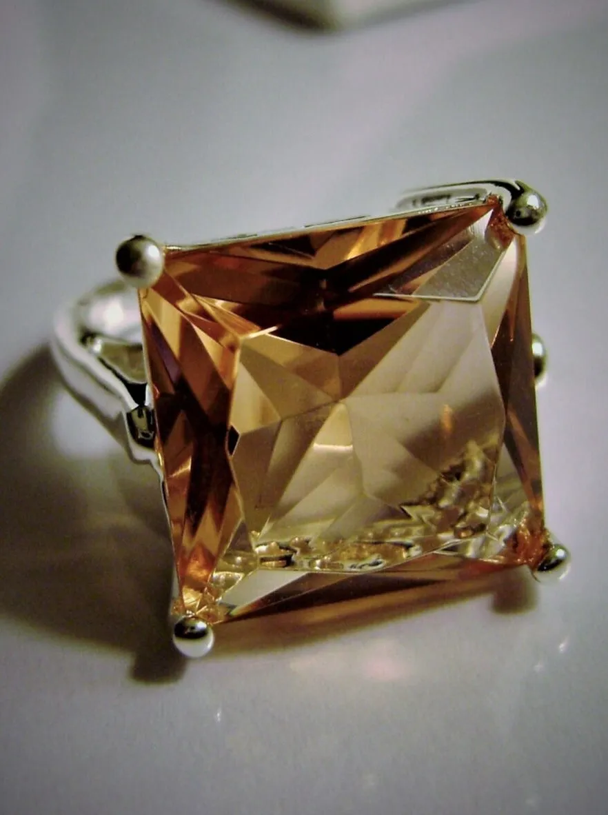 Peach Topaz Art Deco Ring, 12ct Big Square Gem, Vintage Jewelry Design#D45