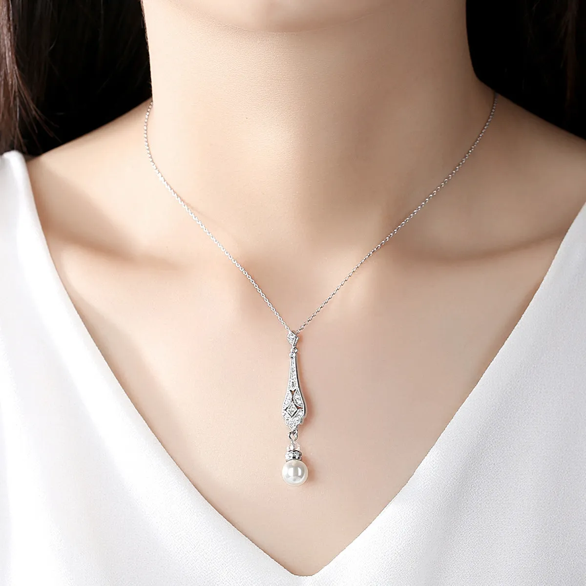 Pearl & Cubic Zirconia Silver-Plated Drop Pendant Necklace