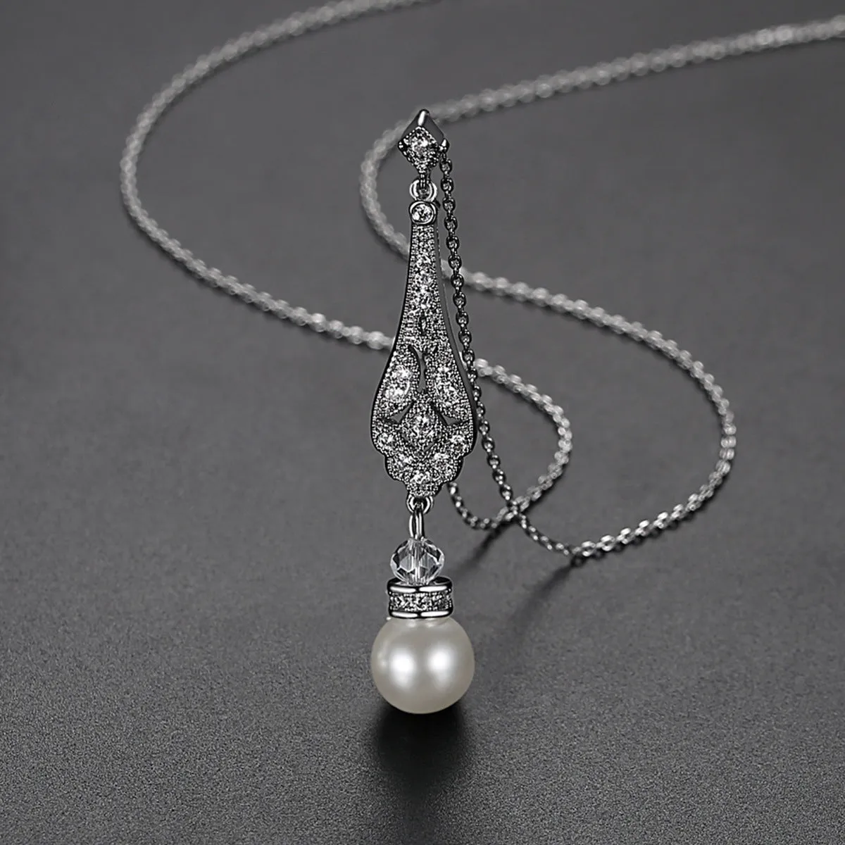 Pearl & Cubic Zirconia Silver-Plated Drop Pendant Necklace