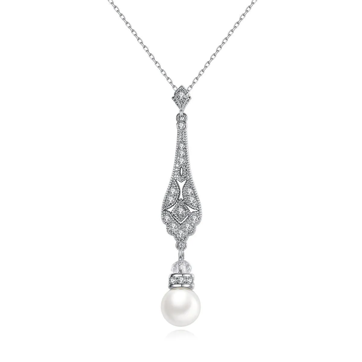 Pearl & Cubic Zirconia Silver-Plated Drop Pendant Necklace