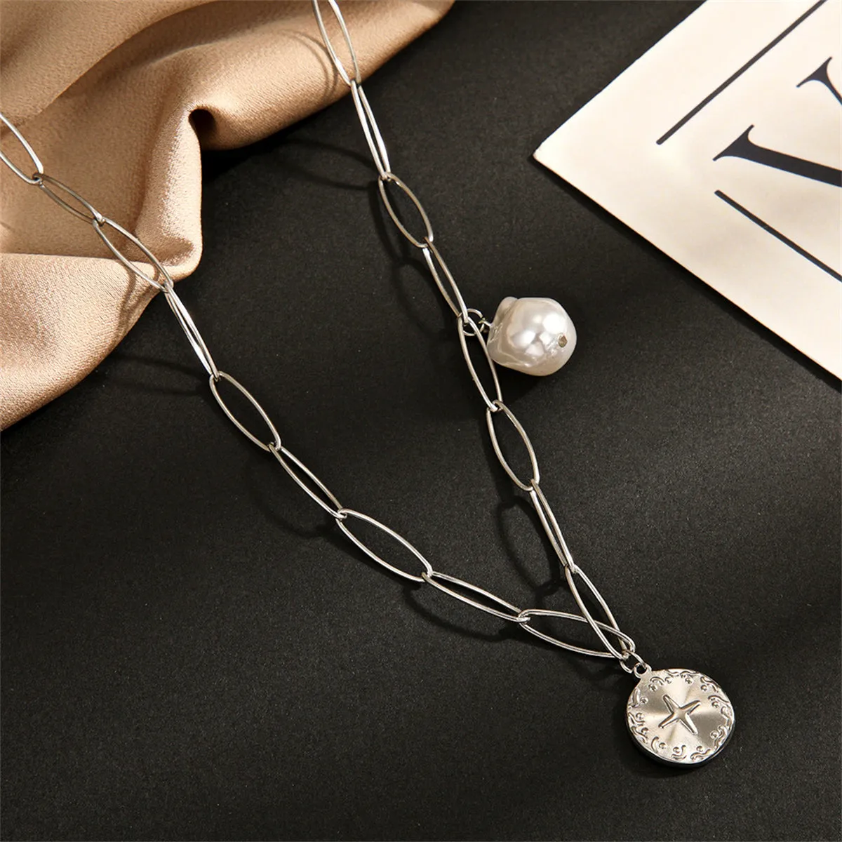 Pearl & Silver-Plated Cross Coin Pendant Necklace