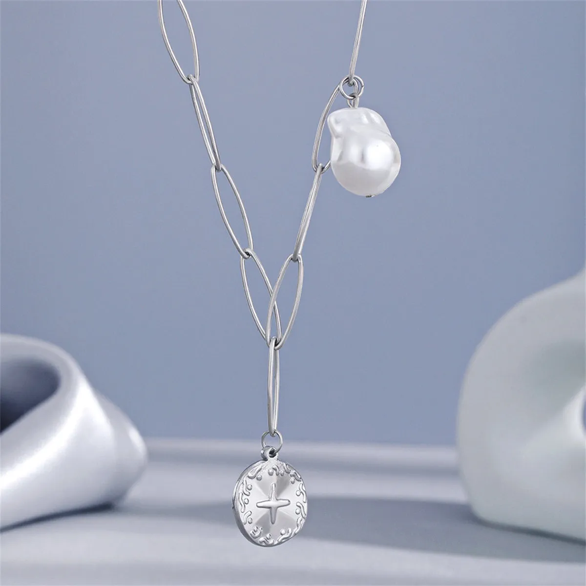 Pearl & Silver-Plated Cross Coin Pendant Necklace