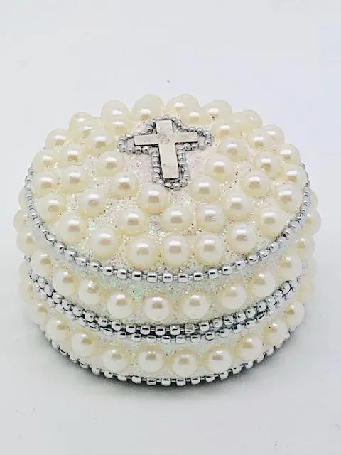 Pearl and Cross Rosary Box (Round)