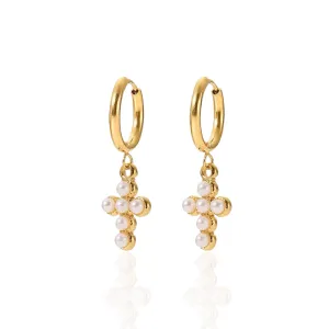 Pearl Cross Hoop Earrings