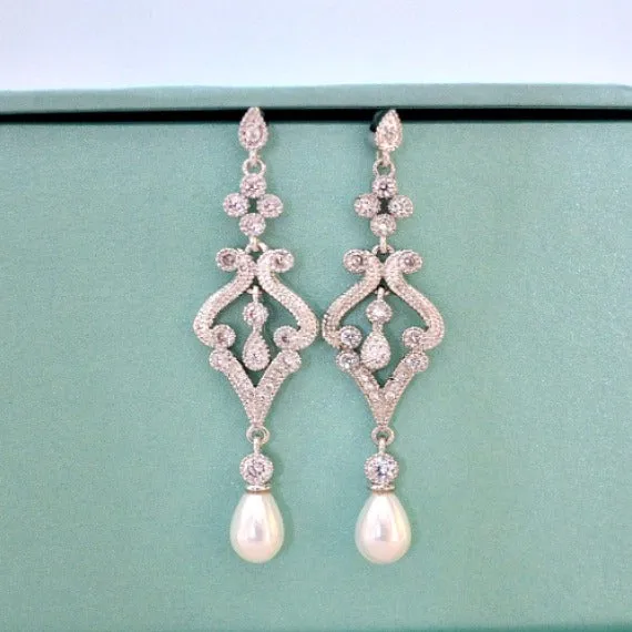 Pearl Drop Bridal Earrings. Pearl Crystal Cubic Zirconia Chandelier Bridal Earrings. Wedding Earrings. Wedding Jewelry. Bridesmaid Earrings.