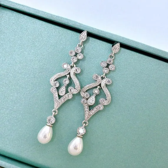 Pearl Drop Bridal Earrings. Pearl Crystal Cubic Zirconia Chandelier Bridal Earrings. Wedding Earrings. Wedding Jewelry. Bridesmaid Earrings.