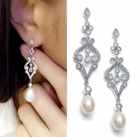 Pearl Drop Bridal Earrings. Pearl Crystal Cubic Zirconia Chandelier Bridal Earrings. Wedding Earrings. Wedding Jewelry. Bridesmaid Earrings.
