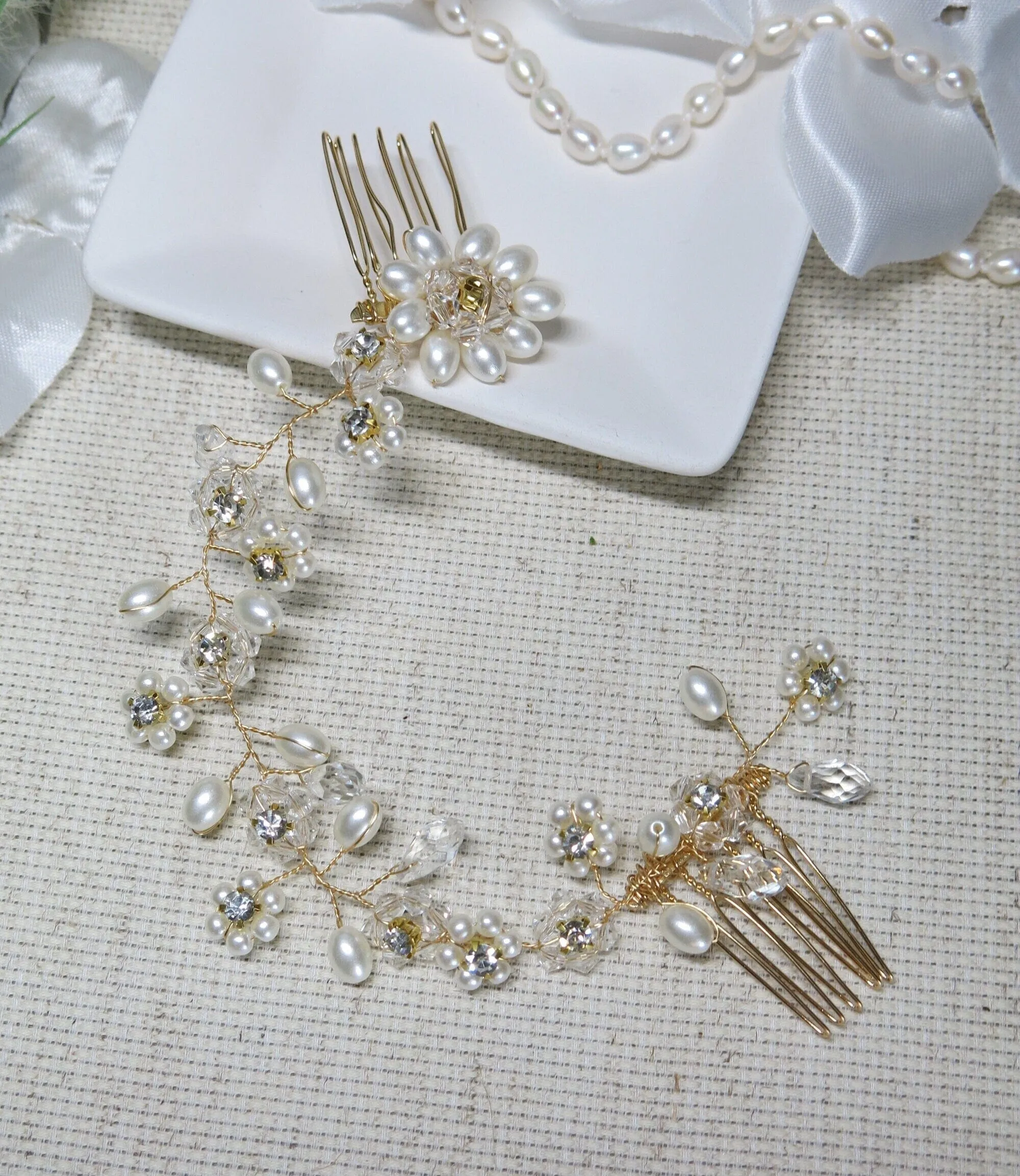 Pearl Floral Gold Wire Headband, Wedding Crystal Dual Hair Comb Vine, Bridal Flower Hair Wire Headpiece