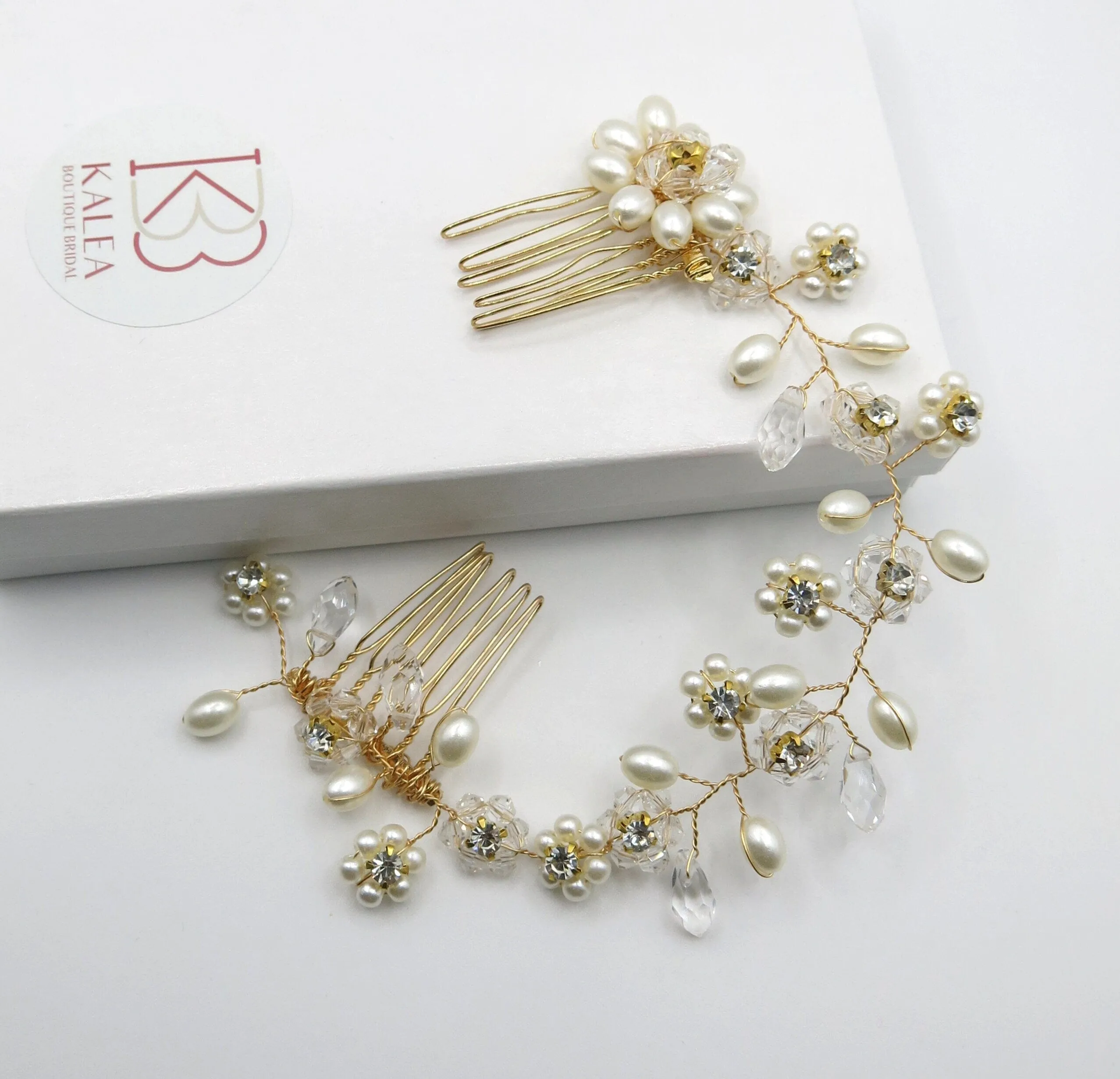 Pearl Floral Gold Wire Headband, Wedding Crystal Dual Hair Comb Vine, Bridal Flower Hair Wire Headpiece