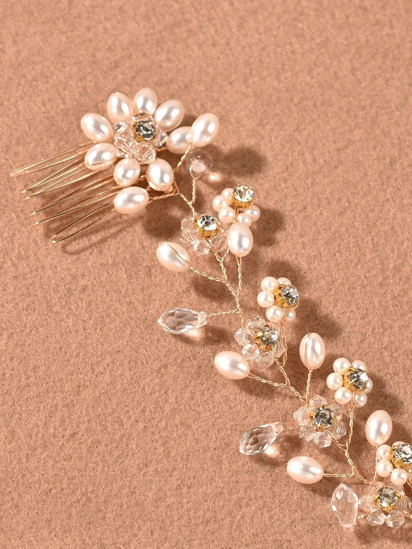 Pearl Floral Gold Wire Headband, Wedding Crystal Dual Hair Comb Vine, Bridal Flower Hair Wire Headpiece