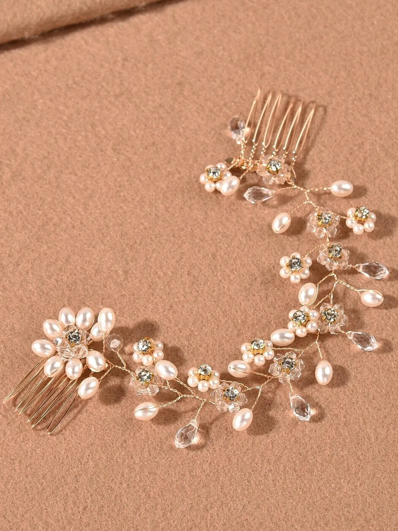 Pearl Floral Gold Wire Headband, Wedding Crystal Dual Hair Comb Vine, Bridal Flower Hair Wire Headpiece