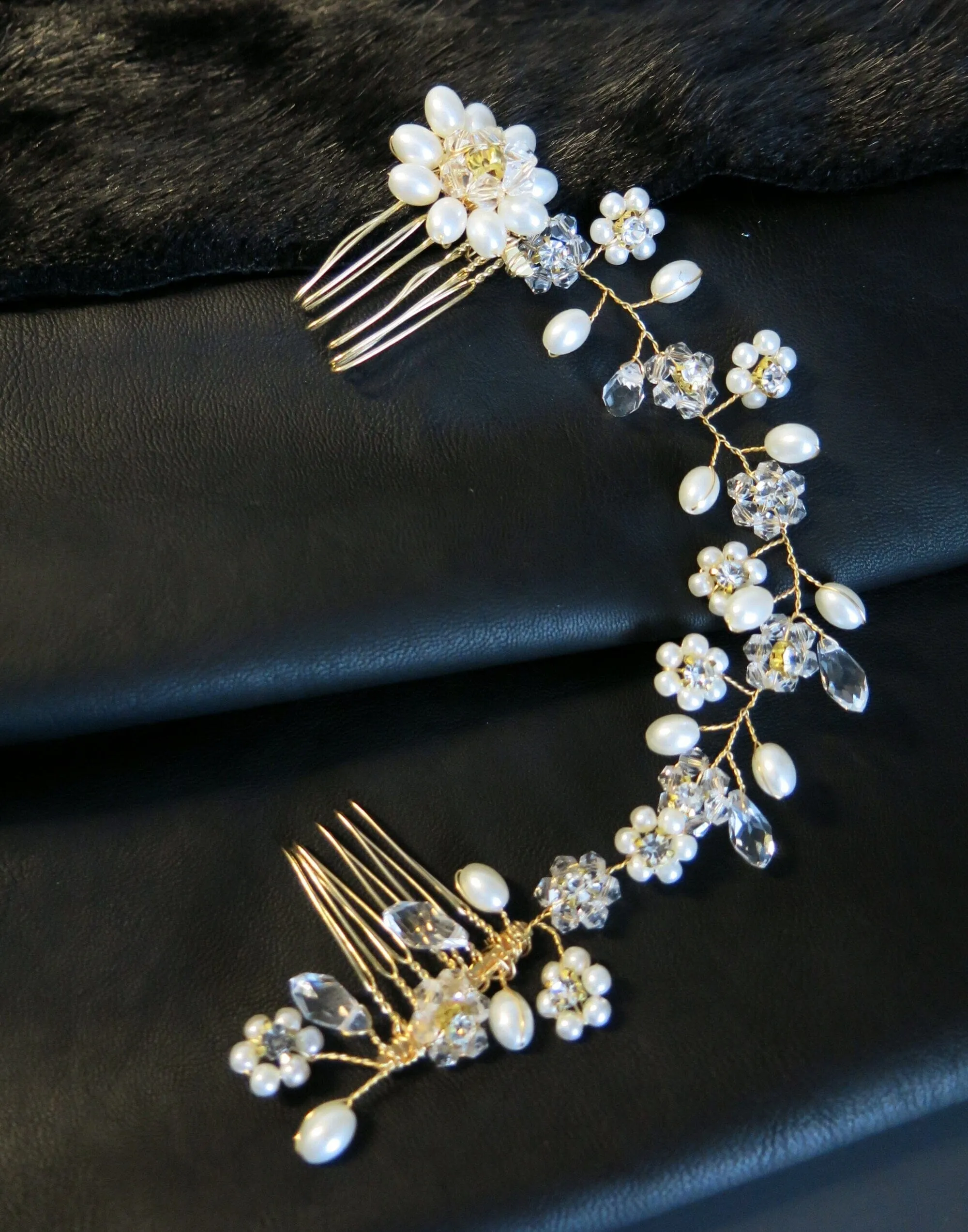 Pearl Floral Gold Wire Headband, Wedding Crystal Dual Hair Comb Vine, Bridal Flower Hair Wire Headpiece