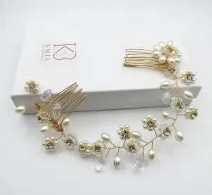 Pearl Floral Gold Wire Headband, Wedding Crystal Dual Hair Comb Vine, Bridal Flower Hair Wire Headpiece