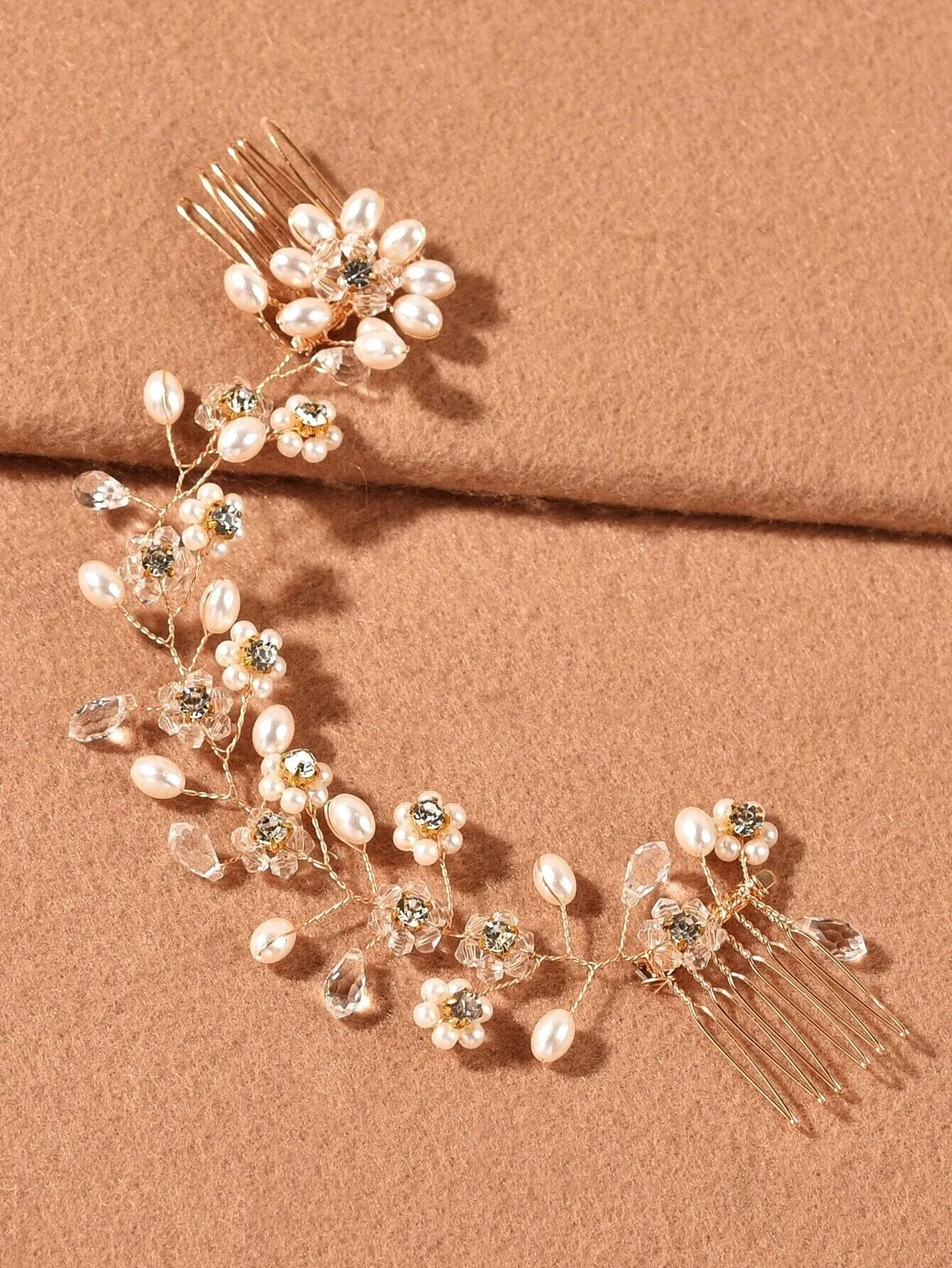 Pearl Floral Gold Wire Headband, Wedding Crystal Dual Hair Comb Vine, Bridal Flower Hair Wire Headpiece