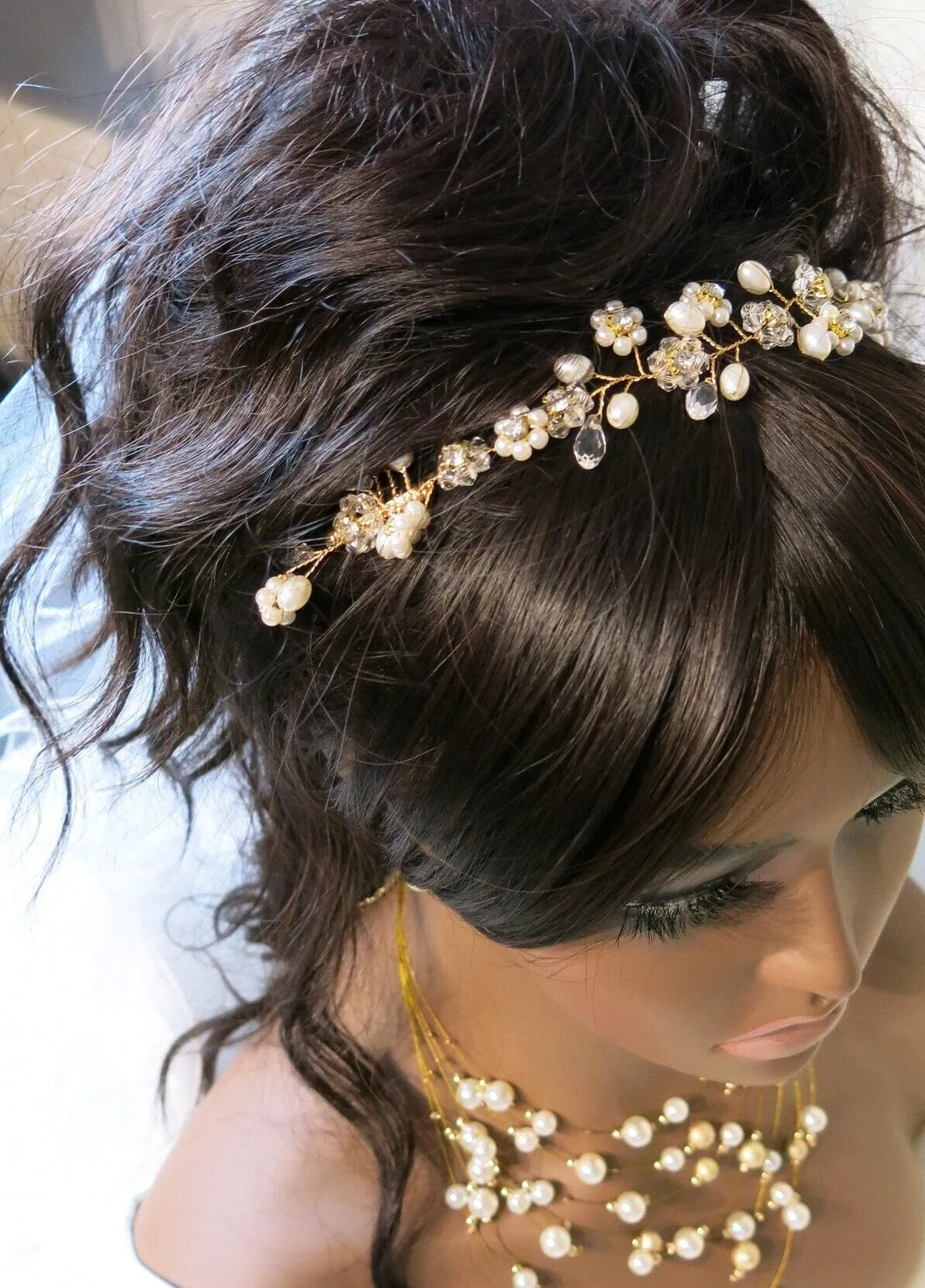 Pearl Floral Gold Wire Headband, Wedding Crystal Dual Hair Comb Vine, Bridal Flower Hair Wire Headpiece