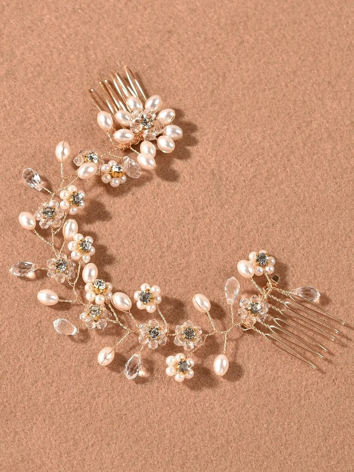 Pearl Floral Gold Wire Headband, Wedding Crystal Dual Hair Comb Vine, Bridal Flower Hair Wire Headpiece