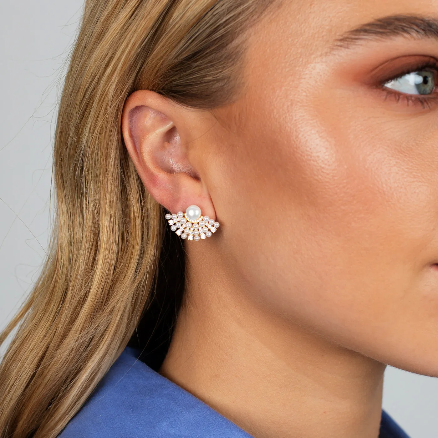 Pearl x CZ Fan Stud Earring
