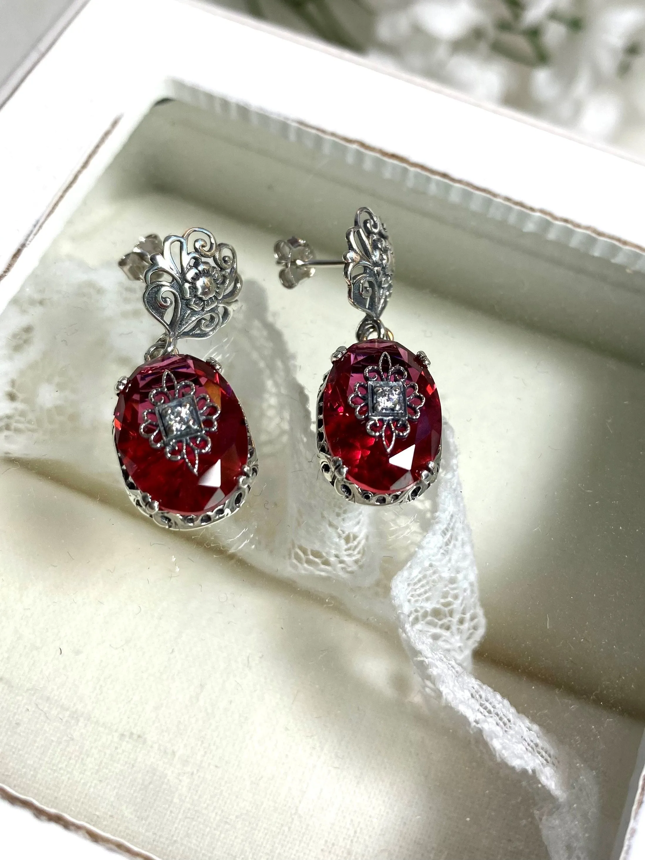 Pink Earrings or Save 10% on Jewelry Set, Moissanite Inset Gem with Sterling Silver Embellishment, Vintage Edwardian Jewelry #E70e