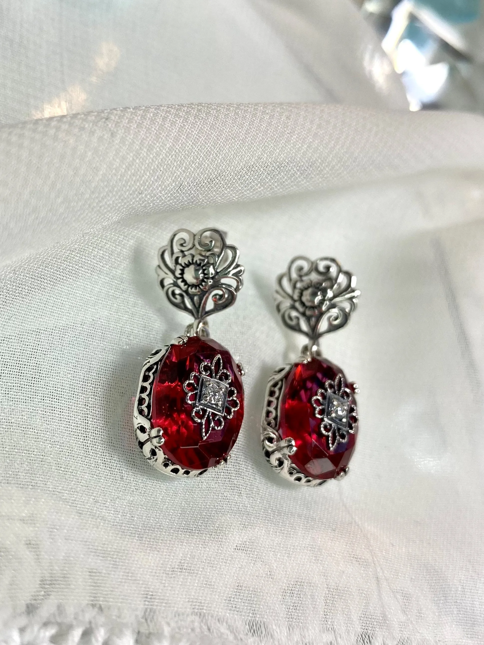 Pink Earrings or Save 10% on Jewelry Set, Moissanite Inset Gem with Sterling Silver Embellishment, Vintage Edwardian Jewelry #E70e