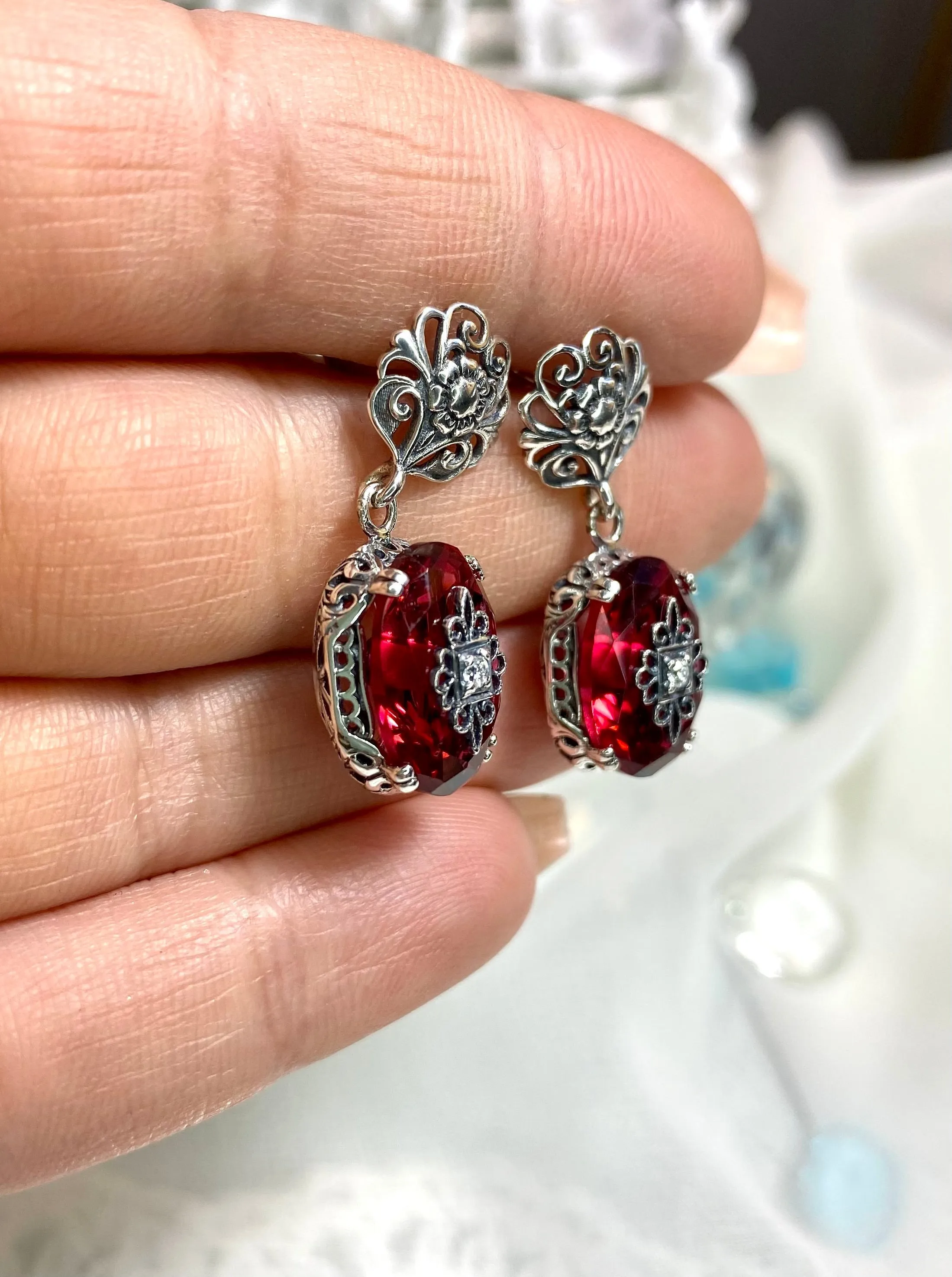 Pink Earrings or Save 10% on Jewelry Set, Moissanite Inset Gem with Sterling Silver Embellishment, Vintage Edwardian Jewelry #E70e