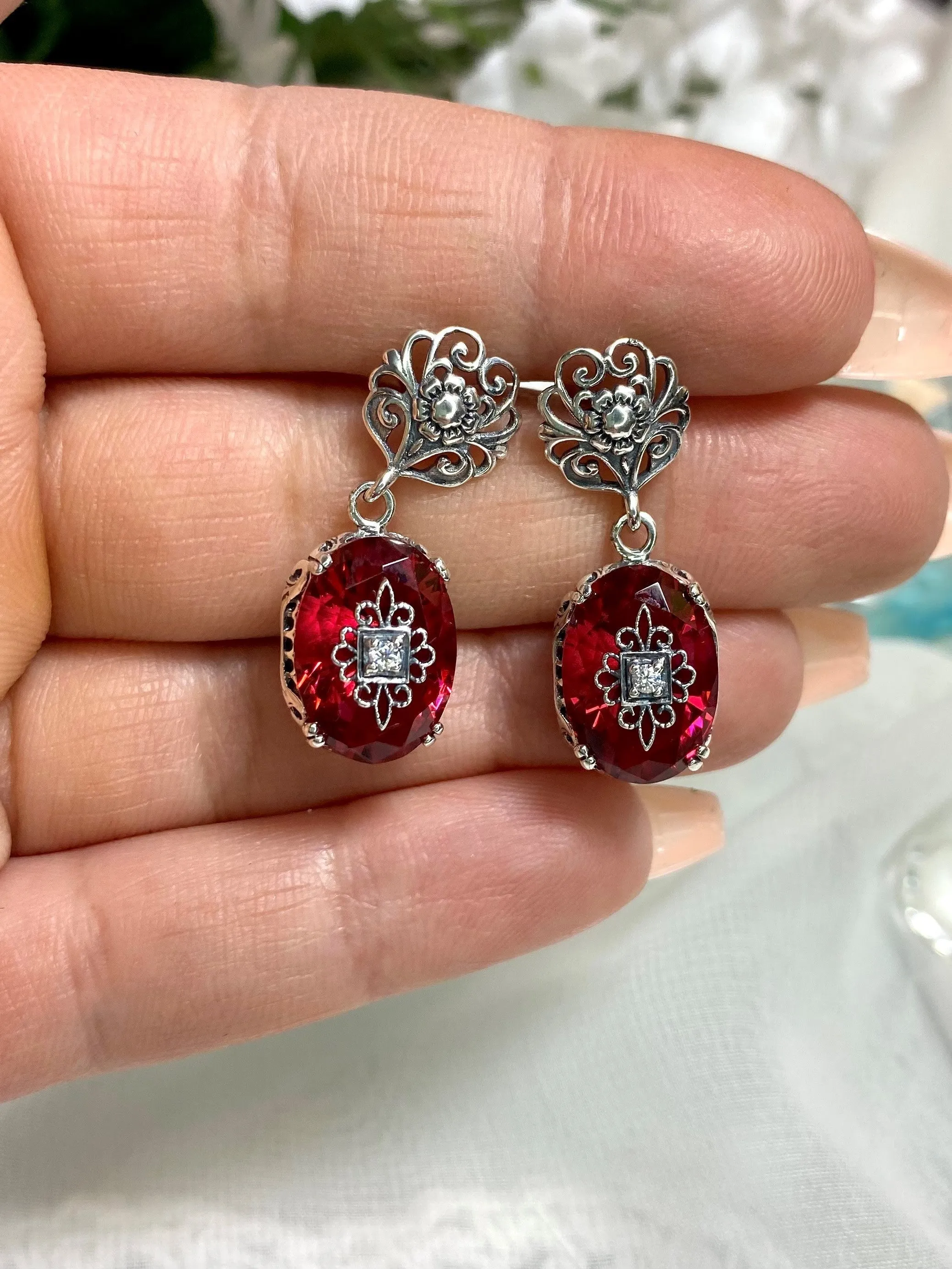 Pink Earrings or Save 10% on Jewelry Set, Moissanite Inset Gem with Sterling Silver Embellishment, Vintage Edwardian Jewelry #E70e