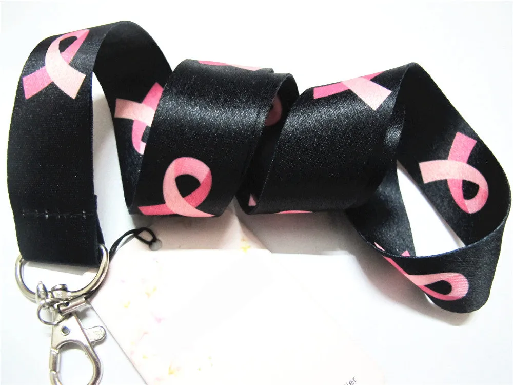 Pink Ribbon Breast Cancer Awareness Lanyard - black or white