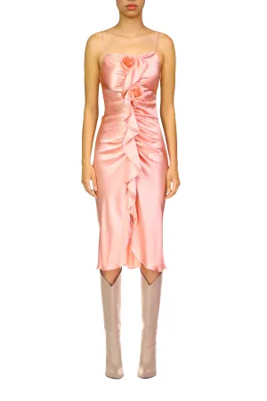 Pink Silk Satin Ruched Dress With Silk Flower Pin