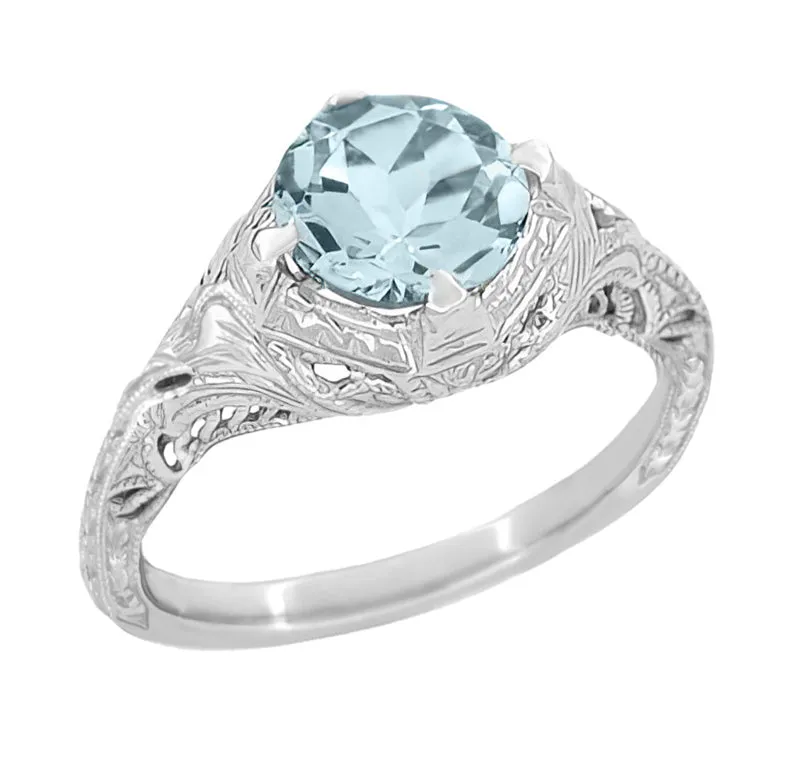 Platinum 1920's Antique Reissue Art Deco Filigree Aquamarine Engagement Ring