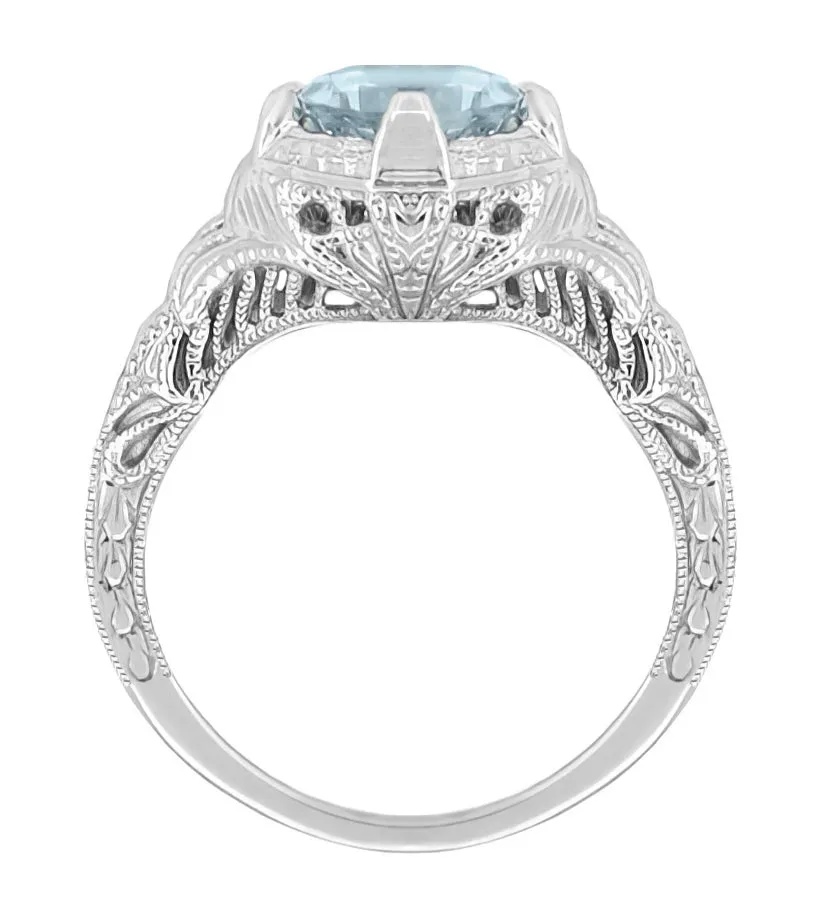 Platinum 1920's Antique Reissue Art Deco Filigree Aquamarine Engagement Ring