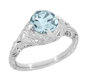 Platinum 1920's Antique Reissue Art Deco Filigree Aquamarine Engagement Ring