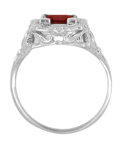 Princess Cut Garnet Art Nouveau Promise Ring in Sterling Silver