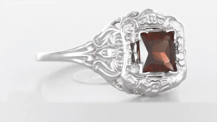 Princess Cut Garnet Art Nouveau Promise Ring in Sterling Silver