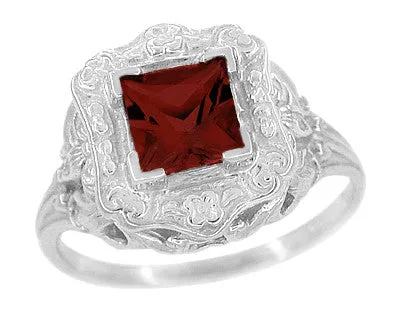 Princess Cut Garnet Art Nouveau Promise Ring in Sterling Silver