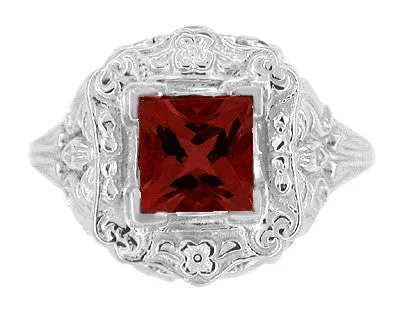 Princess Cut Garnet Art Nouveau Promise Ring in Sterling Silver