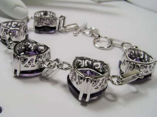 Purple Amethyst Bracelet, Heart Gems, Victorian Reproduction Jewelry #B38