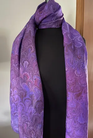 Purple Bouquet Pattern Shawl 72x22” Water marbled silk