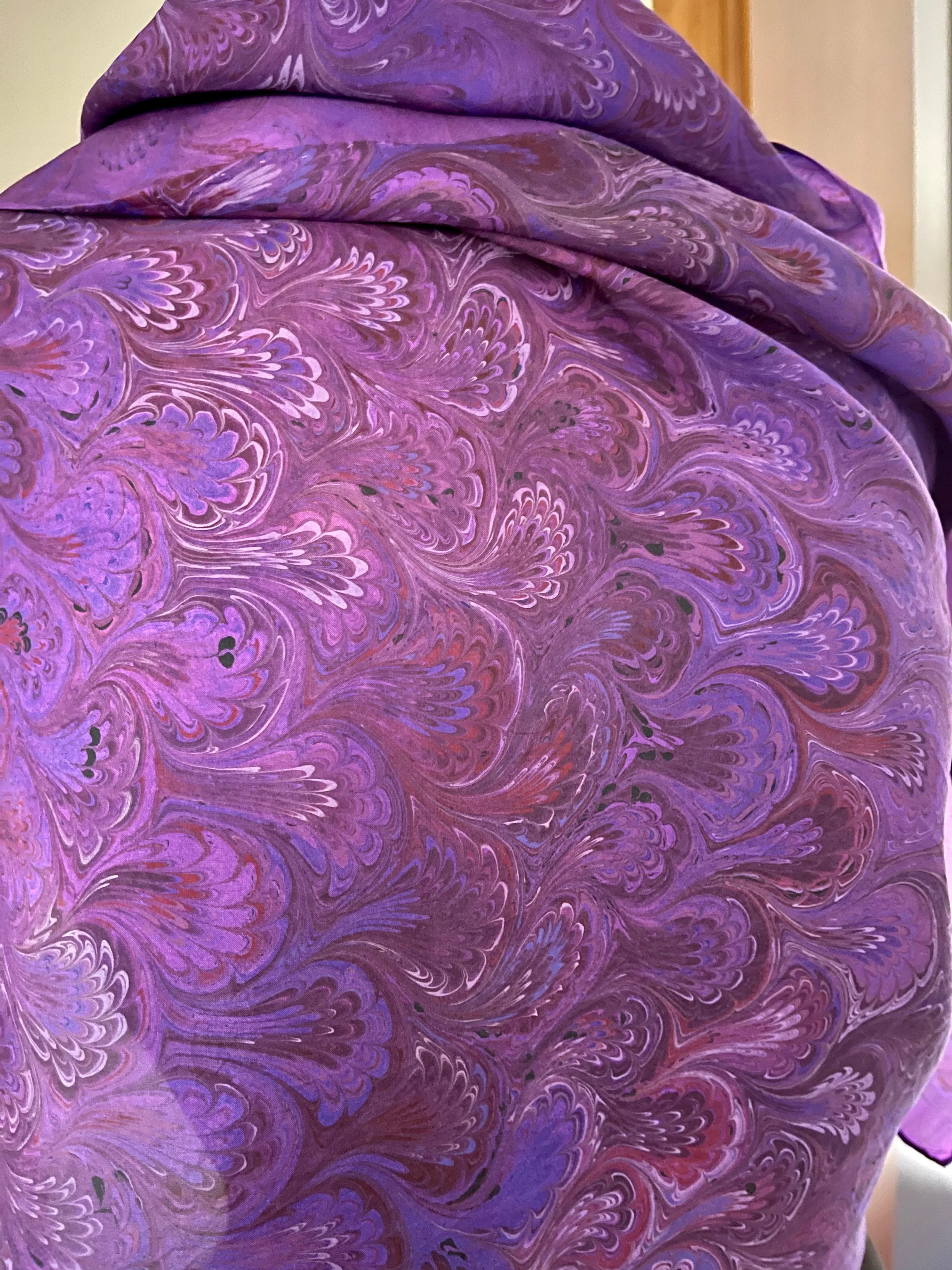 Purple Bouquet Pattern Shawl 72x22” Water marbled silk