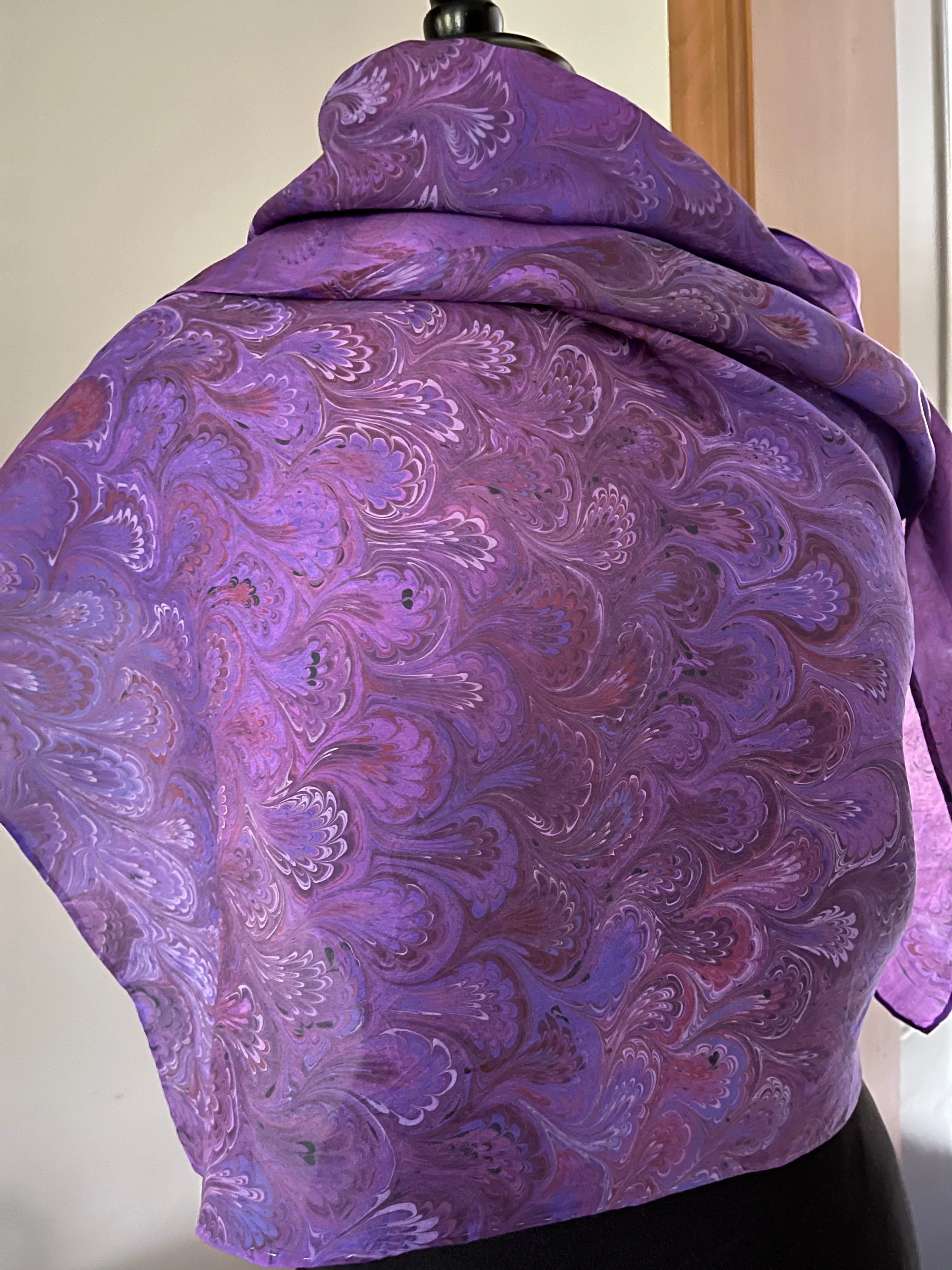 Purple Bouquet Pattern Shawl 72x22” Water marbled silk