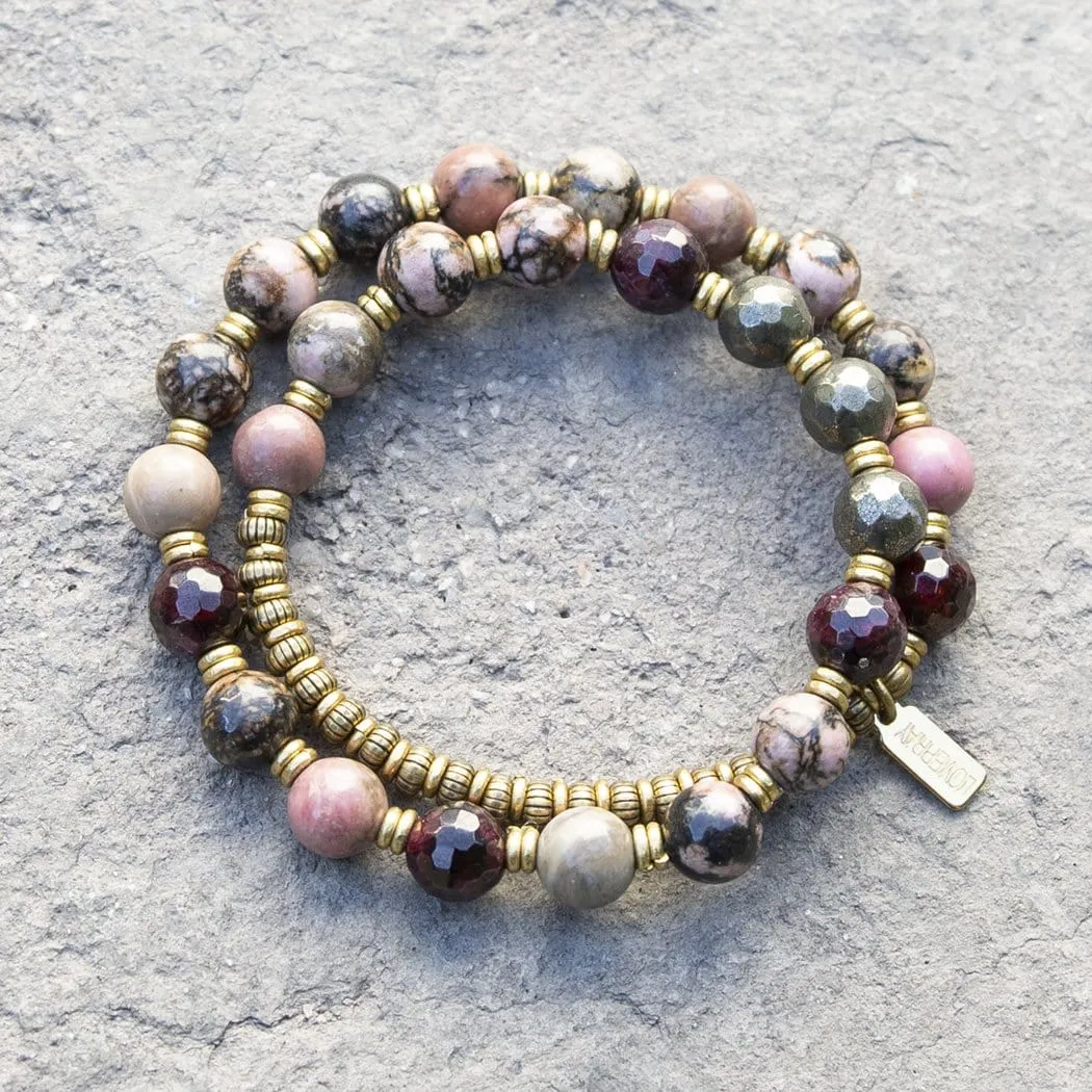 "Love and Confidence" Rhodonite Pyrite and Garnet Mala Bracelet