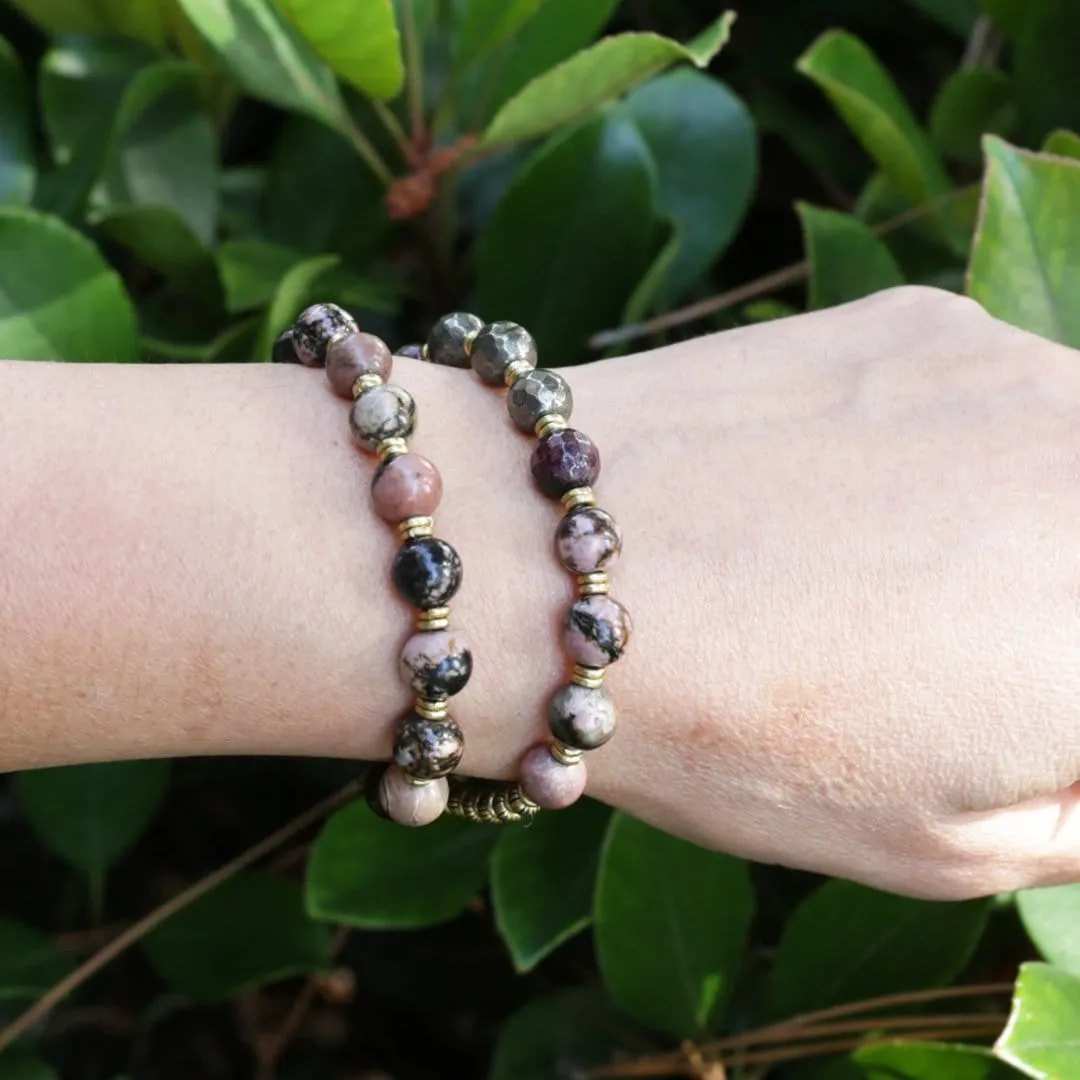 "Love and Confidence" Rhodonite Pyrite and Garnet Mala Bracelet