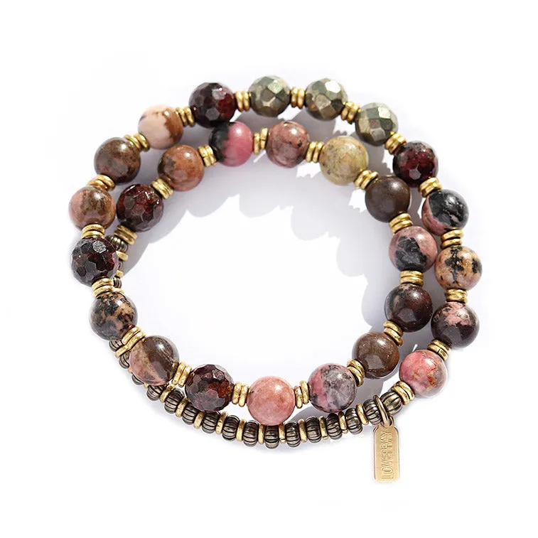"Love and Confidence" Rhodonite Pyrite and Garnet Mala Bracelet