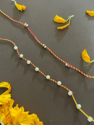 (Rakhi Set of 2) Simple Traditional Rakhi With Pearls & Beads Mauli Thread Rakhi For Rakshabandhan