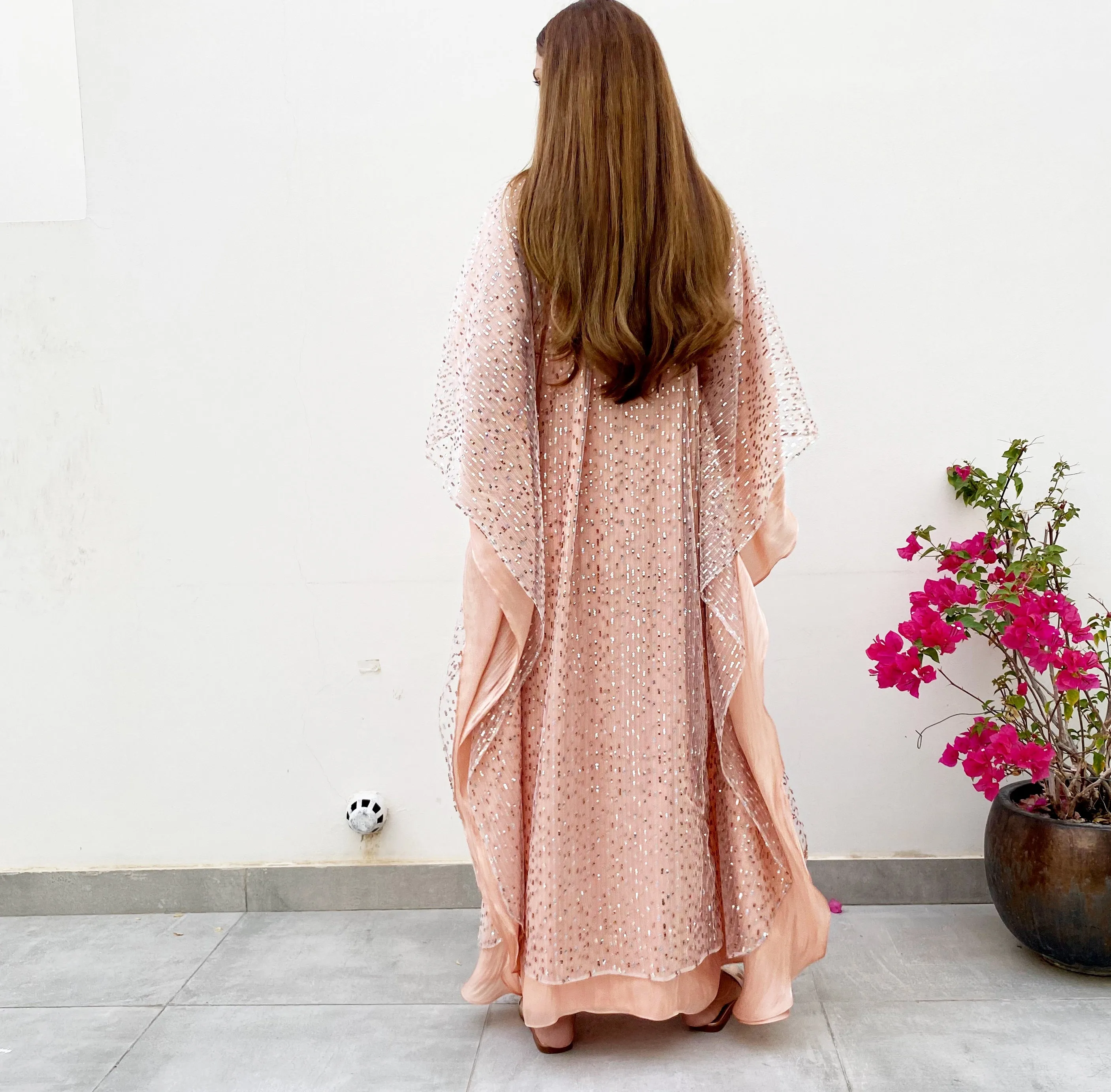 RAM21  SAMEERA PALE PEACH TULLE & SEQUINS KAFTAN