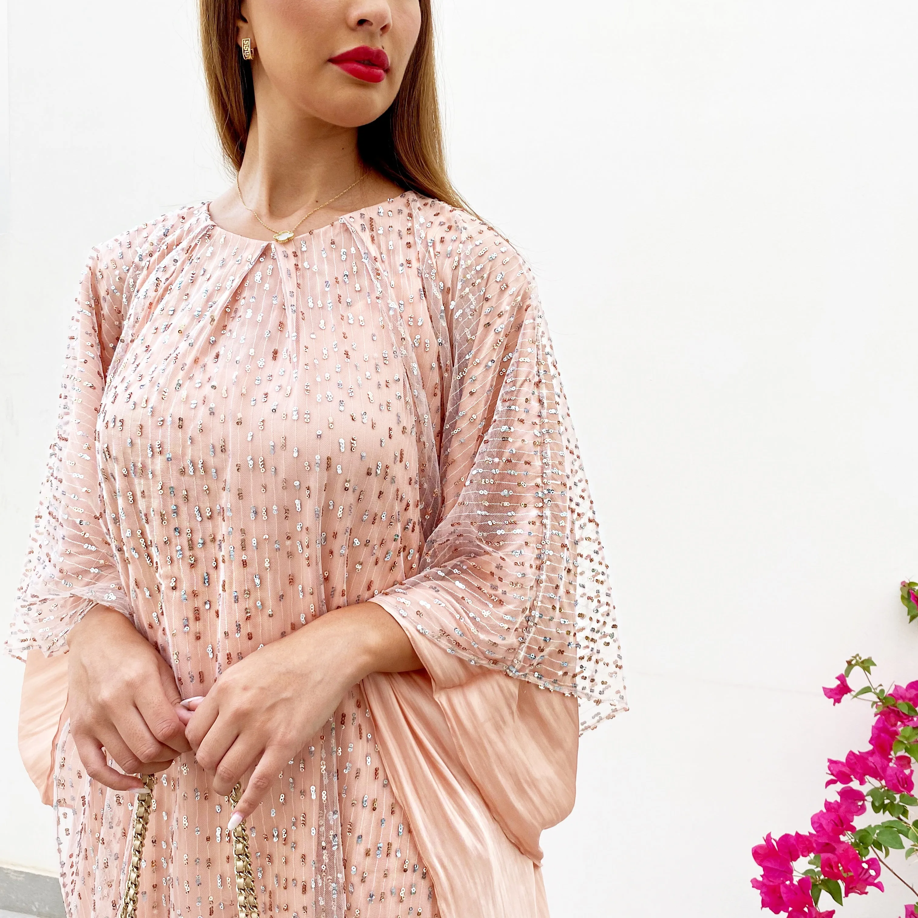 RAM21  SAMEERA PALE PEACH TULLE & SEQUINS KAFTAN