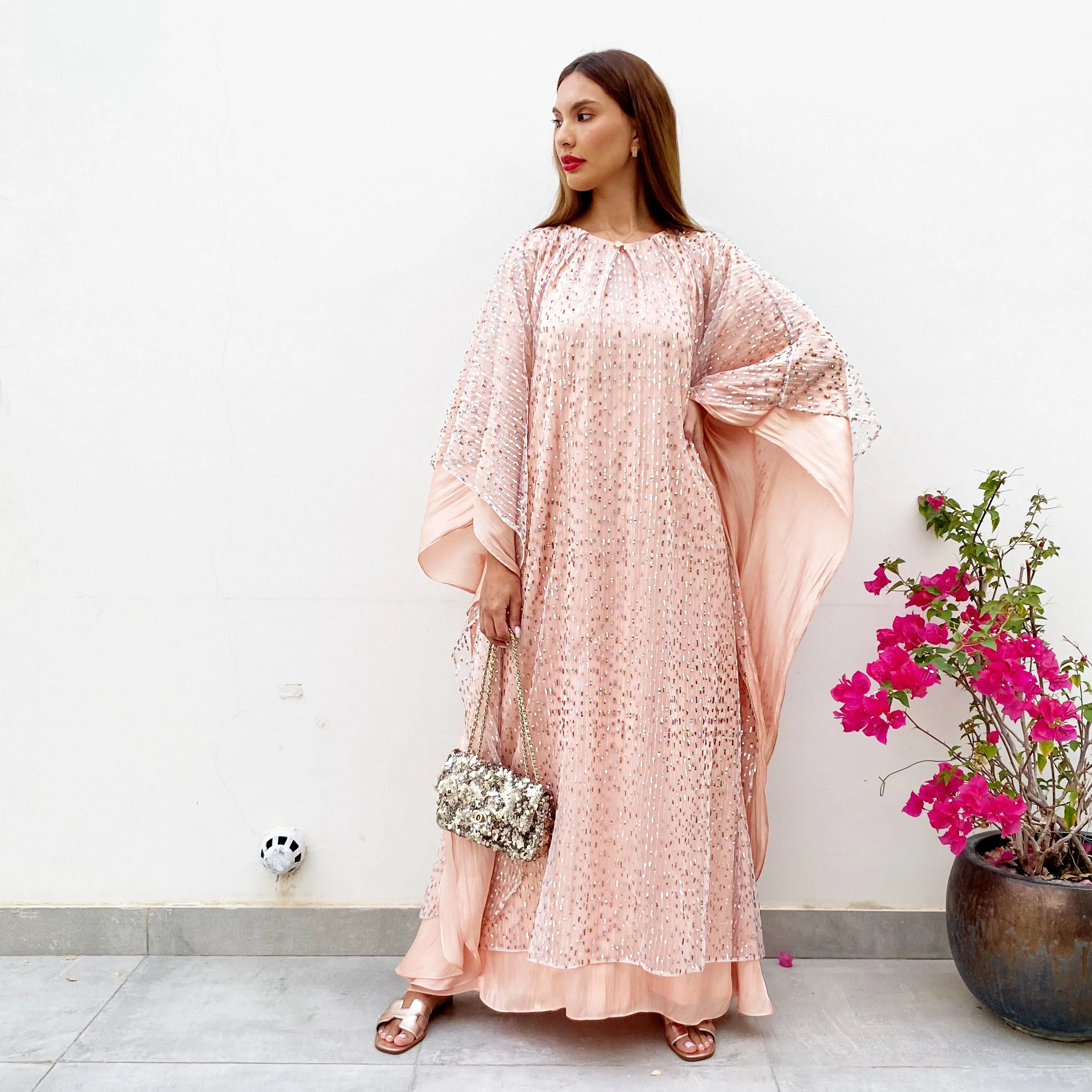 RAM21  SAMEERA PALE PEACH TULLE & SEQUINS KAFTAN