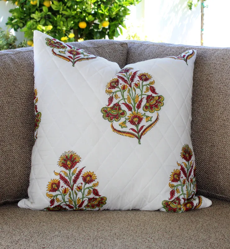Red and Green Floral Quilted Throw Pillow Cover