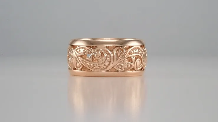Retro Moderne Scrolls and Leaves Filigree 8.5mm Wide Wedding Ring in 14 Karat Rose ( Pink ) Gold | Size 5.5