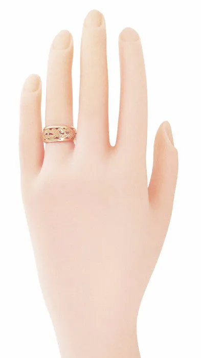 Retro Moderne Scrolls and Leaves Filigree 8.5mm Wide Wedding Ring in 14 Karat Rose ( Pink ) Gold | Size 5.5